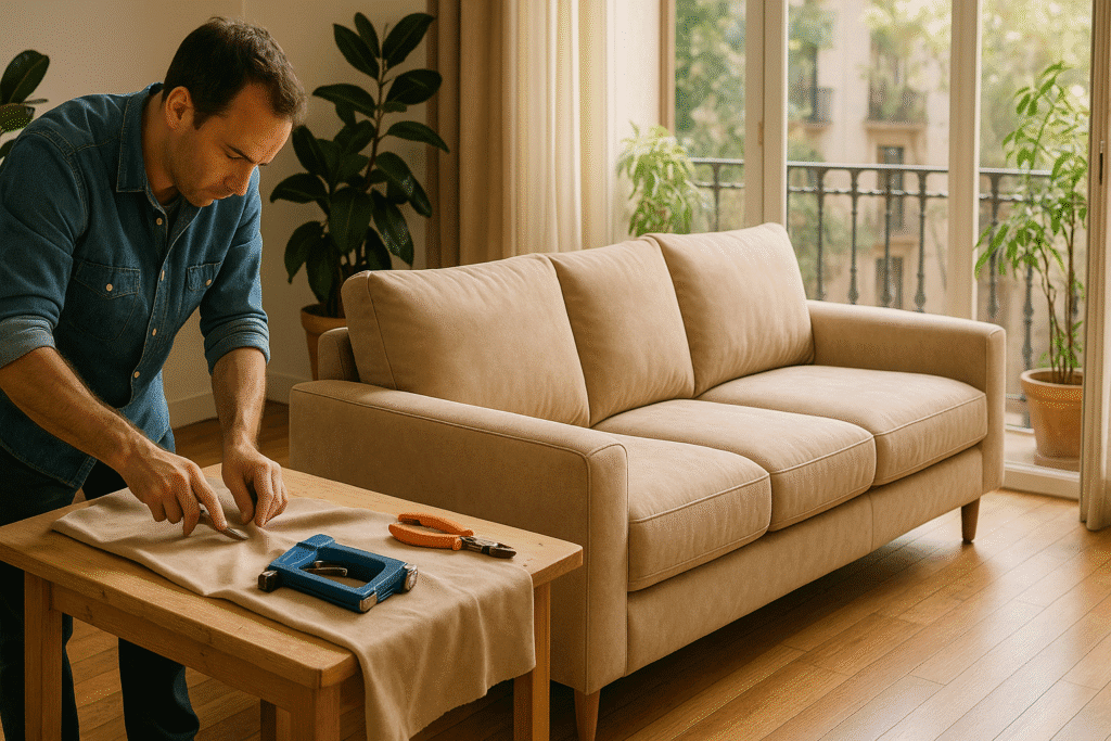 Artesano tapicero trabajando en un salón luminoso de Barcelona, ajustando tela de microfibra beige para un sofá de 3 plazas recién tapizado, con suelo de madera y plantas junto a un balcón.