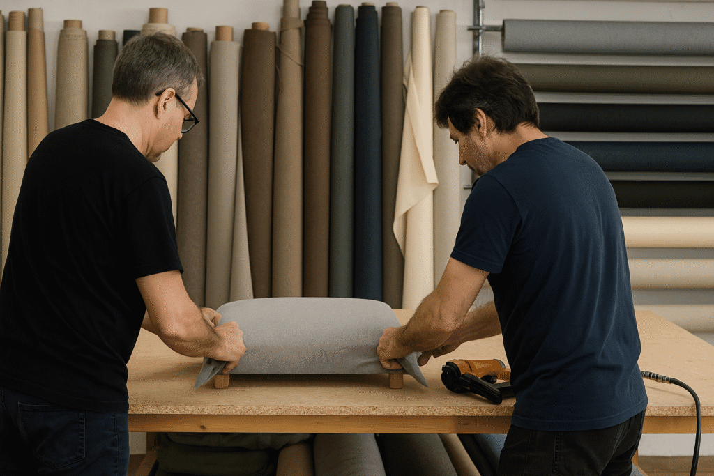 Dos artesanos de espaldas tapizando un asiento en un taller de tapicería en Barcelona, con mesa de trabajo, grapadora neumática y rollos de tela al fondo.