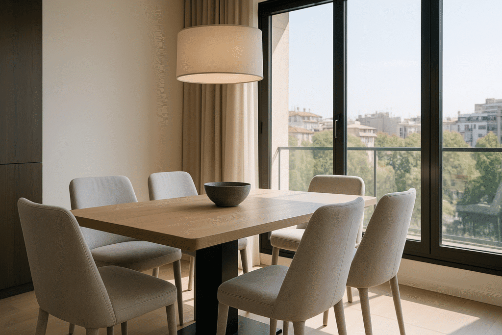 Comedor moderno en Barcelona con cuatro sillas recién tapizadas en tela antimanchas gris claro alrededor de mesa de madera, iluminado por luz natural a través de grandes ventanales.