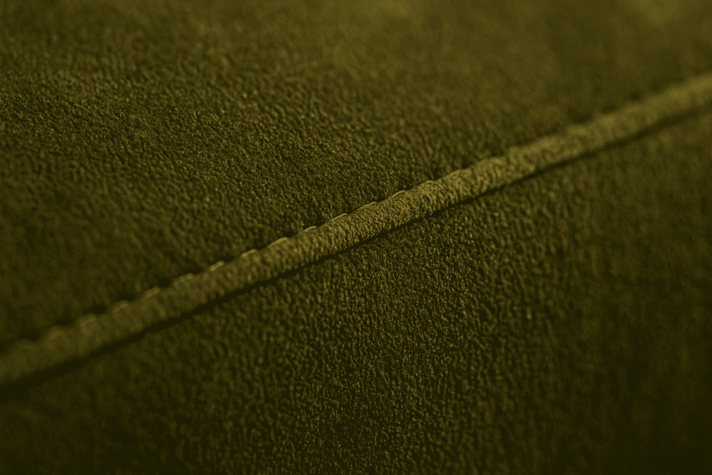 Macro de tela de terciopelo verde oliva con costura recta y textura detallada, ideal para tapizado de sillas.