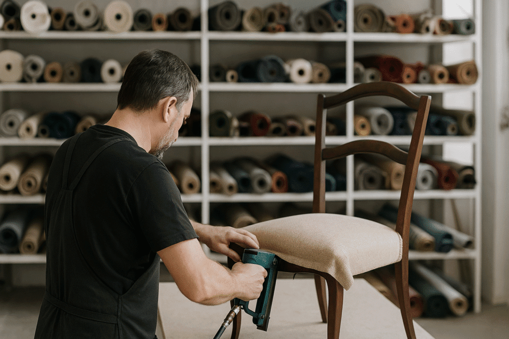 Artesano tapicero en Barcelona trabajando de espaldas en un taller limpio, tapizando una silla con grapadora neumática y rollos de tela al fondo.