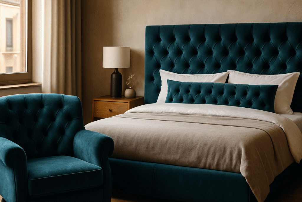Dormitorio moderno en Barcelona con cabecero capitoné tapizado en terciopelo azul petróleo y butaca a juego en primer plano, iluminado con luz natural