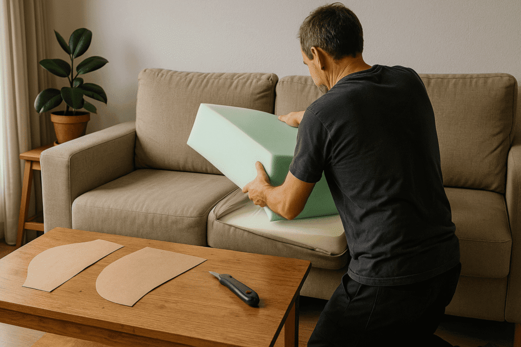 tapicero en Barcelona colocando nueva espuma HR en cojín de sofá dentro de un salón moderno con luz natural, mesa de trabajo con cúter y plantillas de tapicería