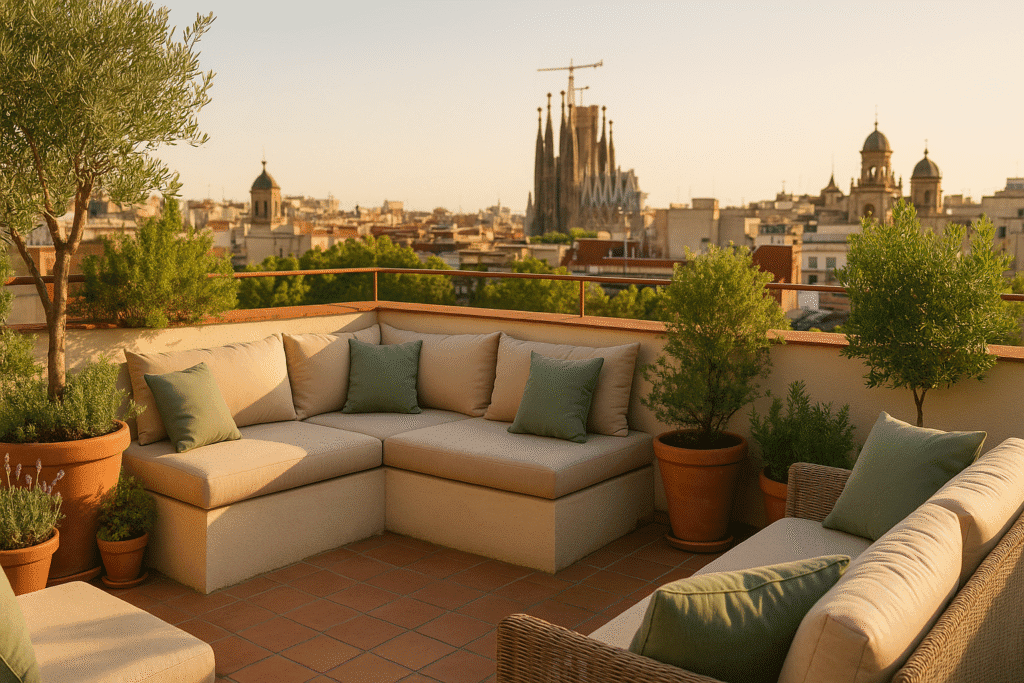 Cojines a medida para terrazas en Barcelona: conjunto acrílico anti-UV en terraza.