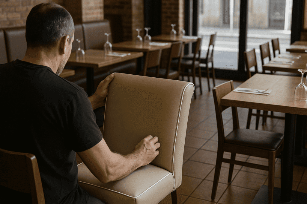 Artesano de espaldas tapizando una butaca con vinílico contract y costura doble en un restaurante de Barcelona antes de abrir, con mesas alineadas y luz natural entrando por el escaparate.