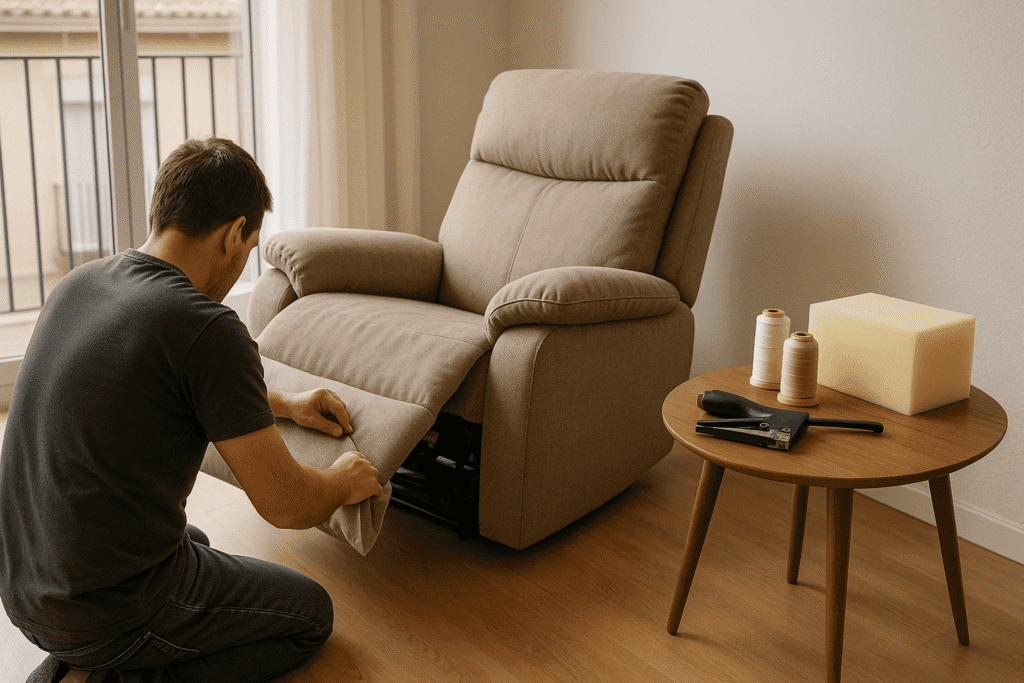 Tapicero ajustando tela easy-clean en un sillón relax eléctrico dentro de un piso de Barcelona, con mesa auxiliar y herramientas de tapicería.