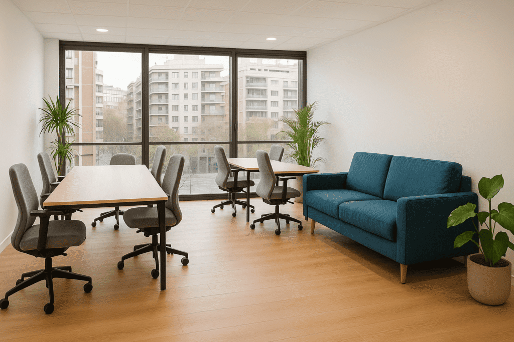 Oficina moderna en Barcelona con sillas de oficina ergonómicas tapizadas en tela gris antimanchas y sofá de recepción azul petróleo recién tapizado, con suelo de madera clara, luz natural y plantas decorativas en un ambiente profesional.