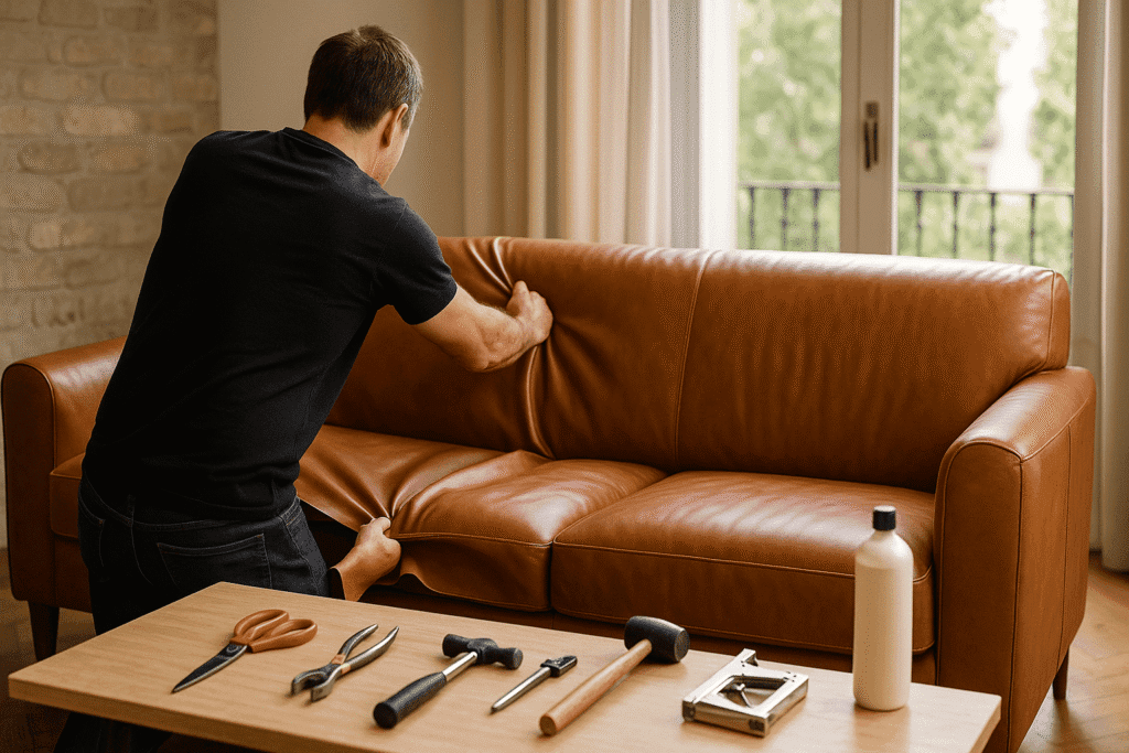 Tapicero en Barcelona tensando piel natural color coñac sobre un sofá de tres plazas en un salón iluminado con luz natural, con mesa de herramientas y productos de cuidado del cuero.