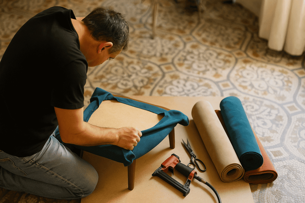 Tapicero en un piso de Barcelona trabajando de espaldas, tensando tela de microfibra sobre el asiento desmontado de una silla de comedor. En el suelo se ven una grapadora neumática, tijeras y rollos de terciopelo, con luz natural entrando por la ventana.