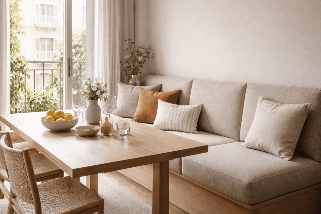 Banco corrido tapizado a medida en Barcelona en comedor con luz natural.