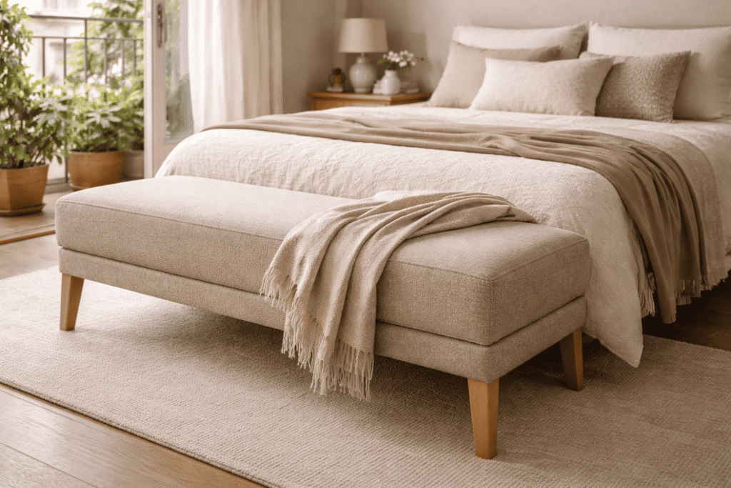 Tapizar banqueta pie de cama en Barcelona con acabado artesanal en dormitorio.