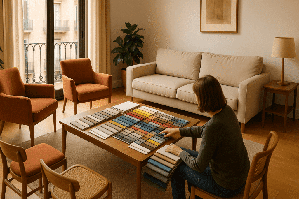 Salón realista de un piso en Barcelona con sofá de tres plazas, dos butacas y varias sillas alrededor de una mesa baja, donde una persona señala diferentes tejidos y colores de un amplio muestrario de telas para tapicería, con luz natural entrando por un balcón del Eixample y ambiente cálido y ordenado, encuadre horizontal 16:9.