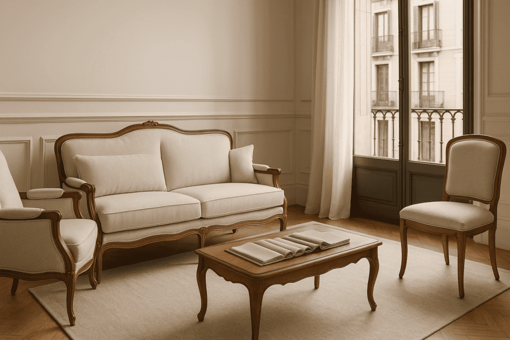 Salón realista de un piso clásico en Barcelona con un sofá antiguo de madera vista, una butaca y una silla tapizados con nuevas telas elegantes en tonos neutros, manteniendo el diseño original del mueble; alfombra clara y luz natural entrando por un balcón típico del Eixample, encuadre horizontal 16:9.